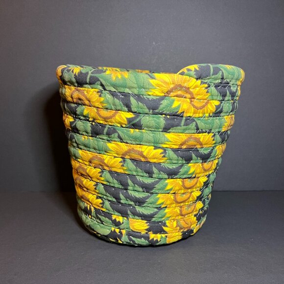 Vintage Green Yellow Fabric Floral Sunflower Print Planter Cache / Waste Basket - Picture 3 of 7